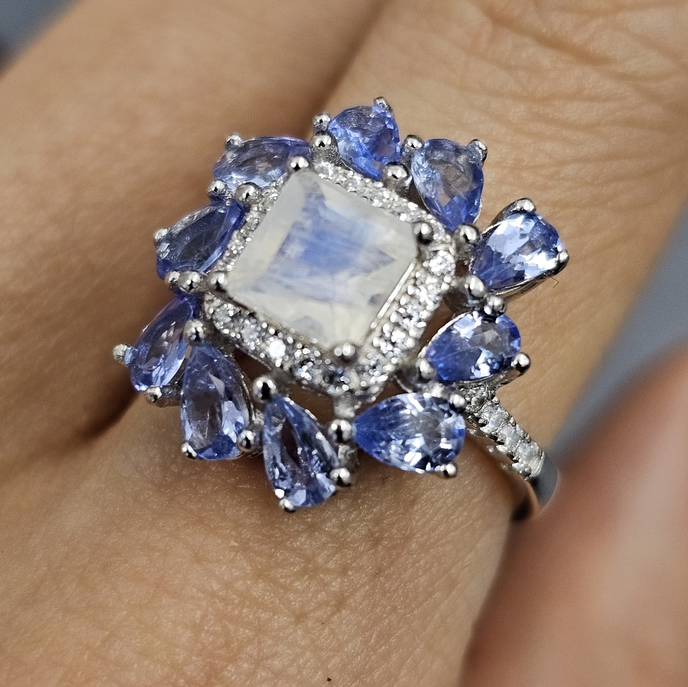 Rainbow moonstone and tanzanite with white zircon accent ring. 925 silver, size7